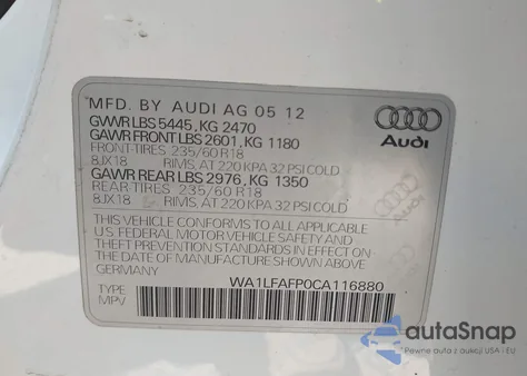 2012 Audi Q5 2.0T Premium из США, поврежденный, VIN WA1LFAFP0CA116880